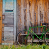 Old wooden wall and green bicycle